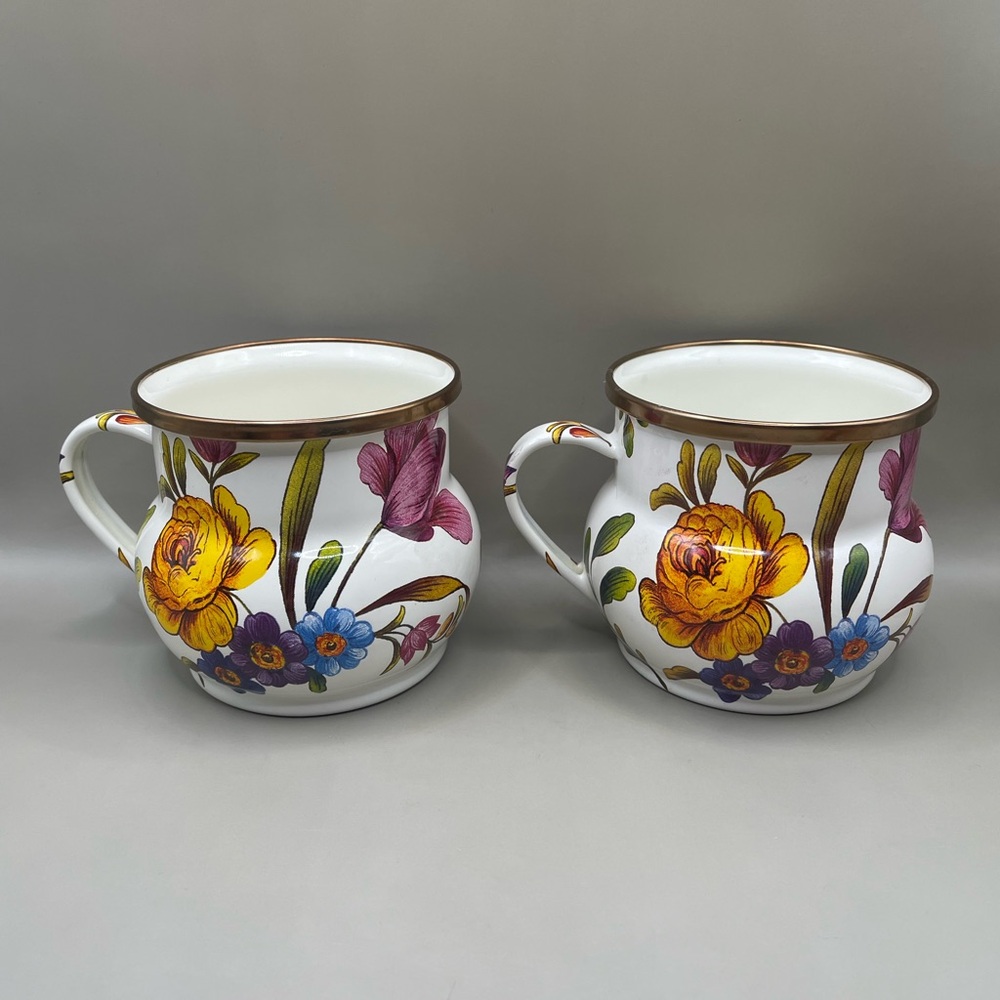 Mackenzie Childs White Flower Market Large Coffee Tea Mugs W/Labels Set Of 2